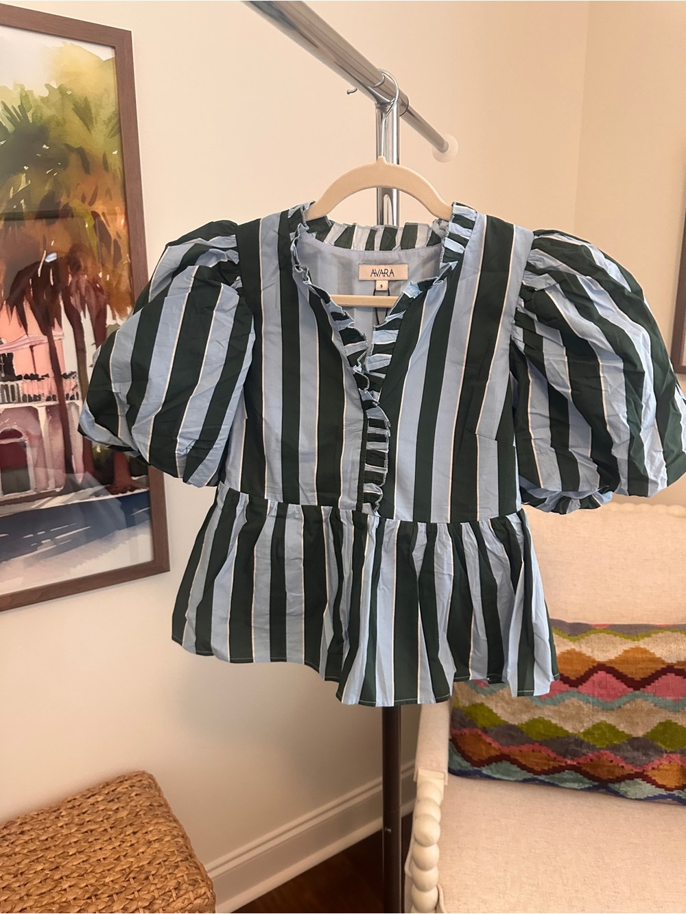 Avara' Green and Light Blue Striped Puff-Sleeve Peplum Top
